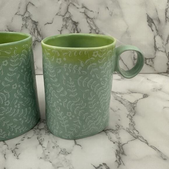 Anthropologie Floral Ombre Coffee Mug Set of 2 Green Blue Rustic Shape Cups - Picture 3 of 8
